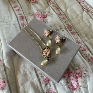 Vintage 80s Porcelain Rose pendant and earrings w/ faux pearl drops